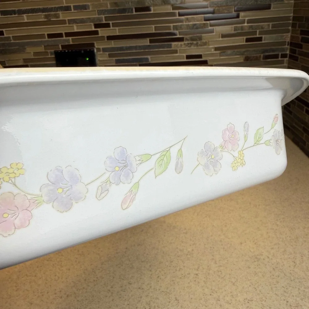 Vintage Corning Ware A-21 Pastel Bouquet Lasagna Roaster 12x10 w/ Wicker Basket